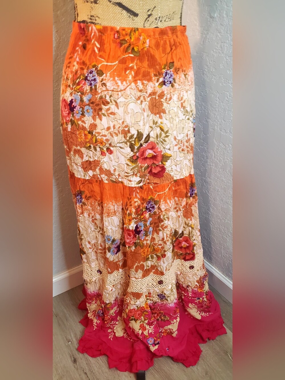 Forbidden Orange Floral Maxi Skirt with Pink Hem